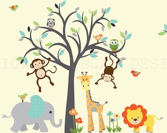 Safari Animal Wall Decal, Nursery Wall Decal, Giraffe Wall Decal, Jungle Animal wall decal, Modern Boy Design Grey Tree Wall Decal