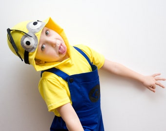 Minion Halloween Costume, Blue Overall Shorts and Yellow Hooded Tshirt, Double Eyes, Toddlers Costume