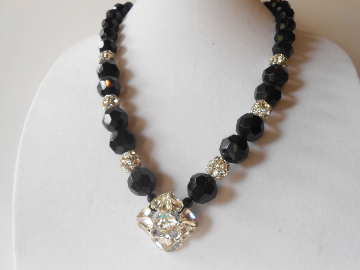 Bead Necklace Black Beads and Rhinestones Glamorous Necklace