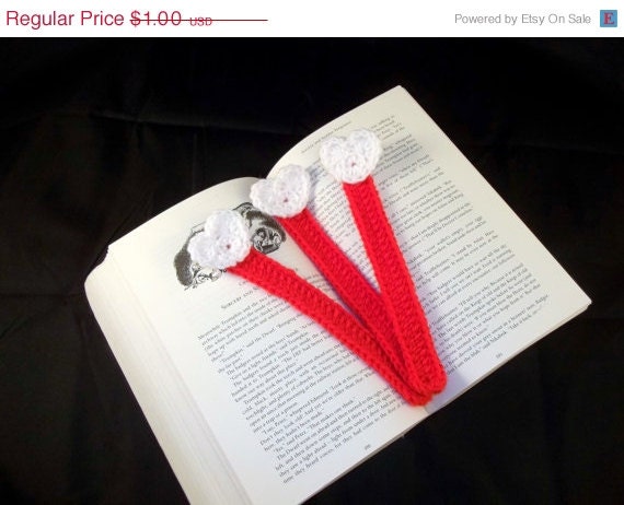 HALF OFF Crocheted Bookmarks - Red with White Hearts - Set of 3