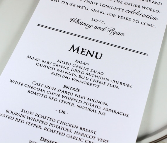 Wedding Reception Menu and Thank You Card Combo Wedding Menu