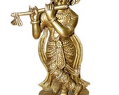 Lord Krishna Brass Statue Playing Flute Vintage Sculpture