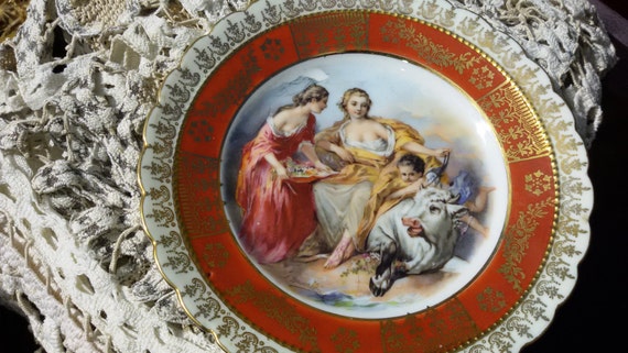 1930's F. Boucher 1703 –1770 French Old Master Roccoco Pastoral Scene Plate by Ackermann & Fritze Royal Vienna Porcelain Red Trim Gilded