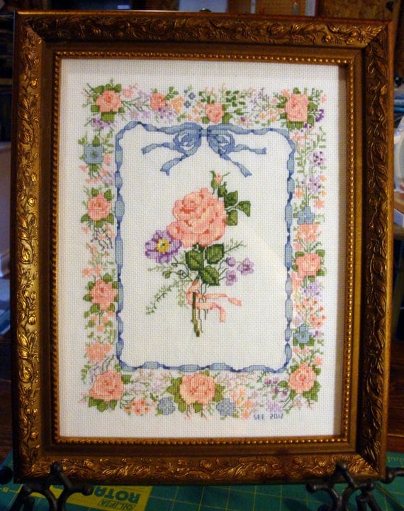 Embroidered Cross Stitch Rose Garden Sampler Framed