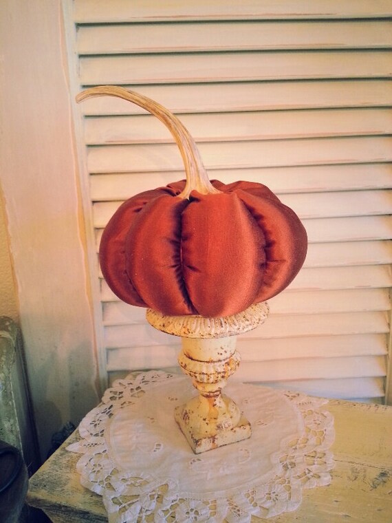 Medium Rust Satin Pumpkin with Real Dried Pumpkin Stem velvet