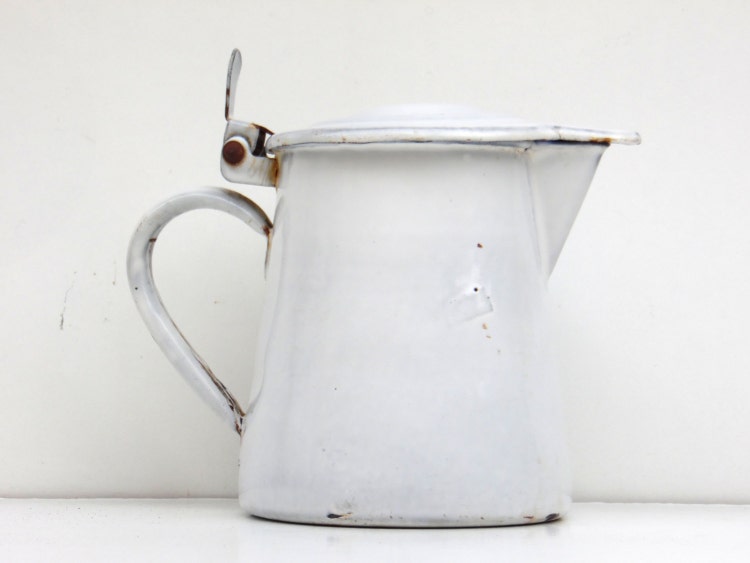 Vintage White Enamel Pitcher with Lid / Milk Jug / by AdryVintage