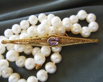 Antique Genuine 0.75ct Amethyst Bar Pin Filigree 14K Yellow Gold 1930s