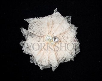 Pale Coral - Set of 3 Tulle Pearl & Rhinestone 2" Flowers - TPR-008