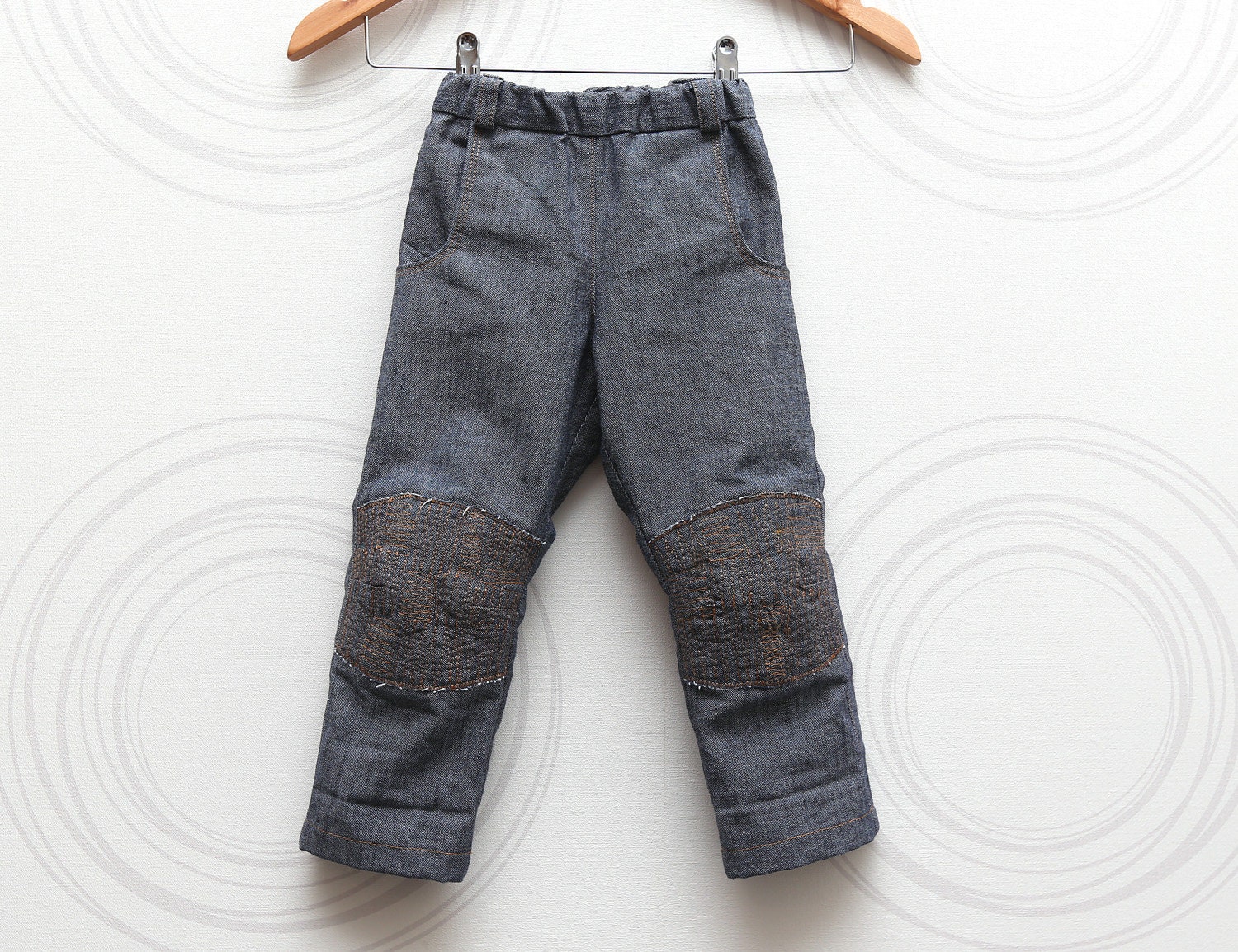 Toddler boys jeans Crawling knee pad pants in blue denim