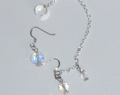 Handcraft Cuff Silver Earrings with Three Aurora Borealis Crystals on Cuff, Single Earring to Match. 4 Inch Silver Chain