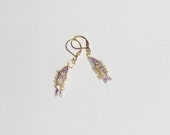 Fish Cloisonne Earrings with Gold Spring Clips, Multi Segmented Cloisonne Lavendar and  Gold Fish Dangle Earrings