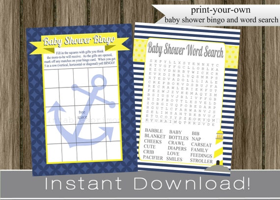 Nautical Baby Shower Games Bingo and Word Search Cards, navy blue and bright yellow, boy, INSTANT DOWNLOAD diy digital printable files Il_570xn