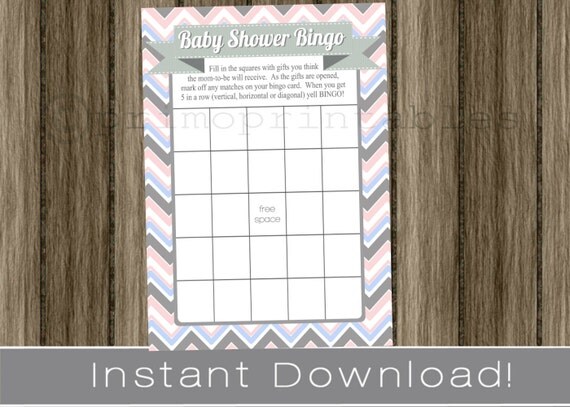 Baby Shower Bingo Game Cards , light pink and blue chevron , INSTANT DOWNLOAD , diy digital printable file print your own , babyshower Il_570xn