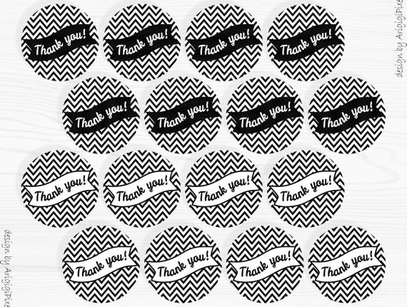 thank you party circle, 2 in size round tag, text over bunting, chevron background, black and white, printable, download immediately Il_570xn