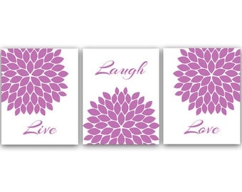 Live Laugh Love Art Print, Printable Wall Art, Quote Art Print, Purple Home Decor, Chrysanthemum, Instant Download - HOME15
