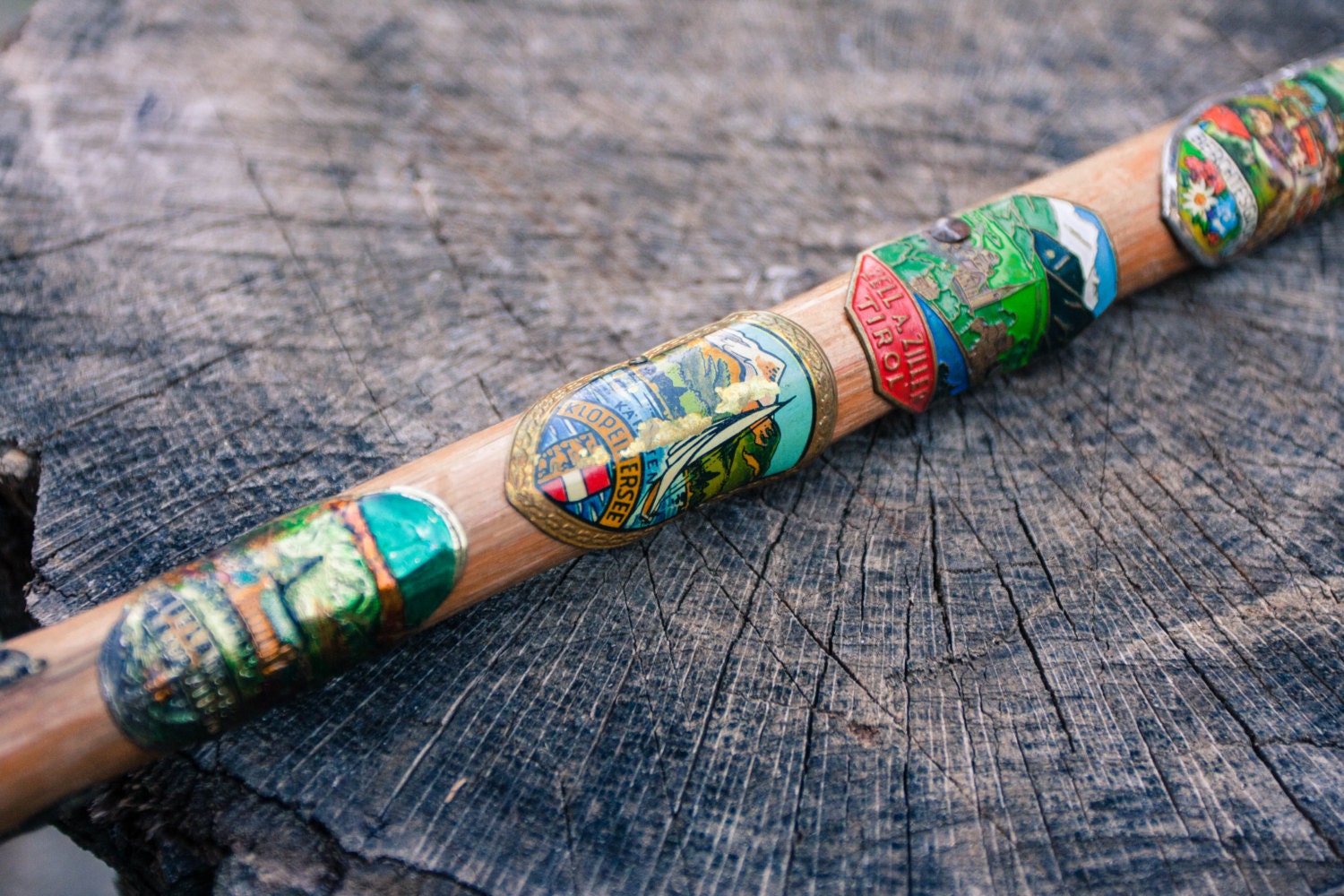 Walking Stick with Badges Hiking Cane Wooden Hike Crook