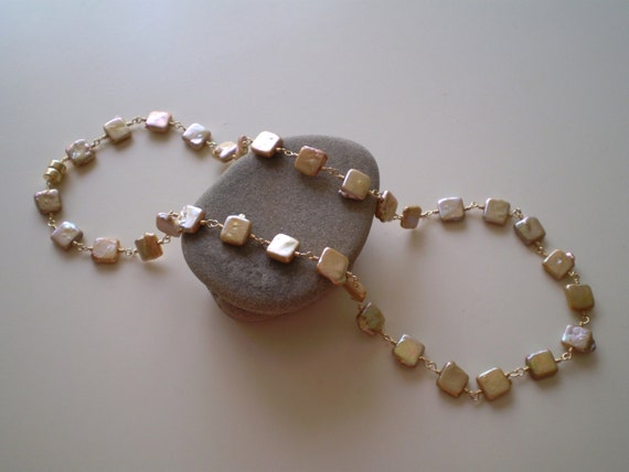 Items similar to Tan Square Coin Pearl Necklace, Bridal, Pearl Necklace