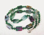 Green Purple Agate Necklace, chunky natural gemstone necklace, trendy geometric gemstone jewelry, stripy agates, medium length OOAK