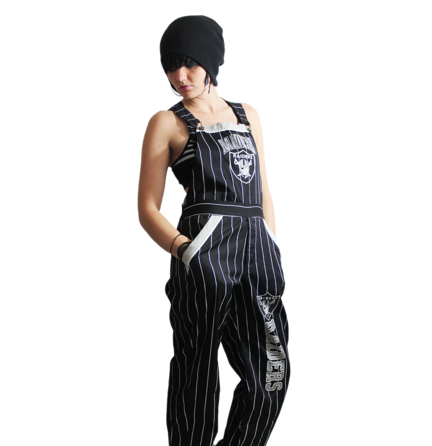 Raiders Overalls Black and White Pinstripe Ghetto Goth