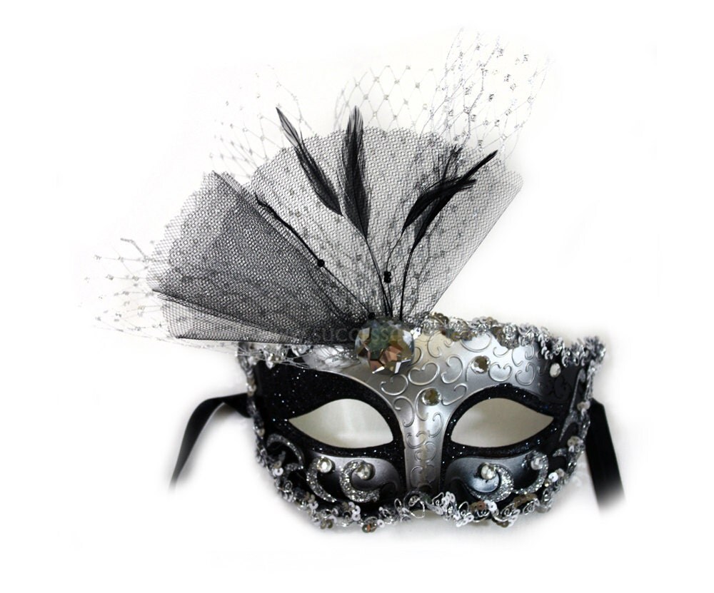 Elizabeth Decorated Black and Silver Masquerade Ball Mask