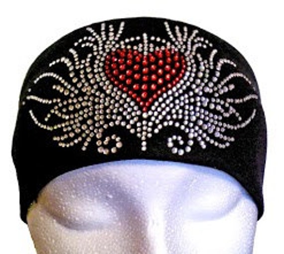 Biker Headband with Rhinestones Red Heart and Bling