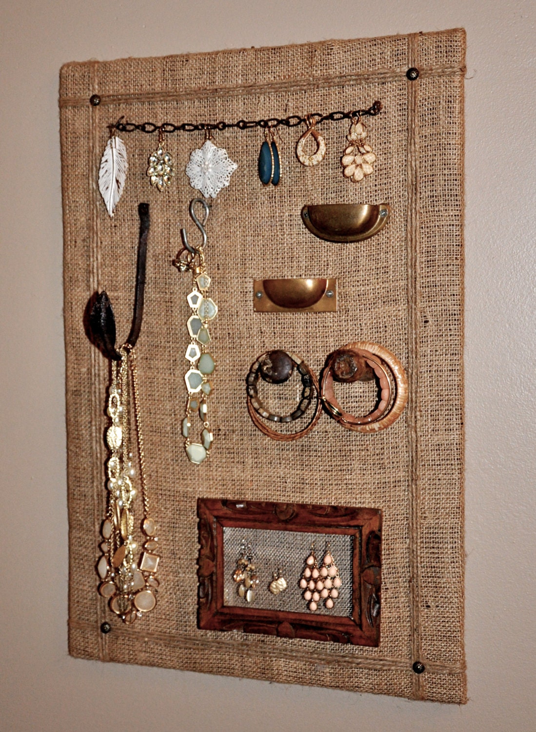 Rustic Jewelry Display Burlap and Rustic Hardware Jewelry