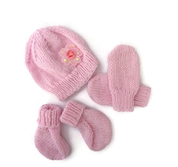 Pink Newborn Baby Hat Mittens and Booties Set / Hand Knitted