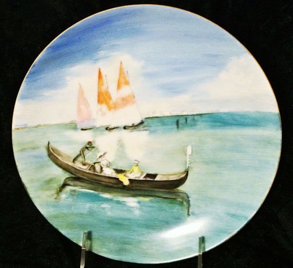 Antique Artist Signed Hand Painted Porcelain 1900s Austria Austrian Plate Gondola Boating Sailboats Lake Scenic Sea Nature Summer Cottage