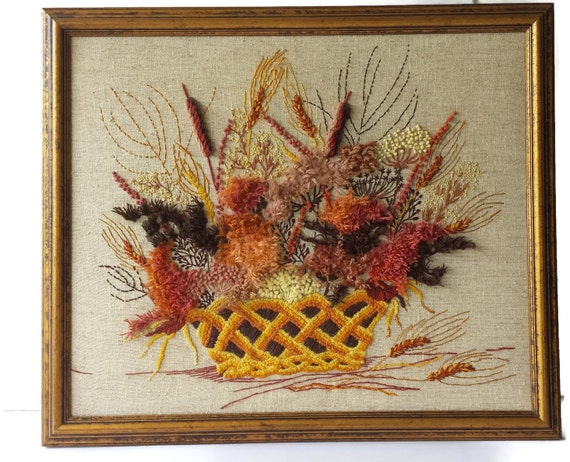 Erica Wilson Finished Crewel Harvest Basket Autumn Framed