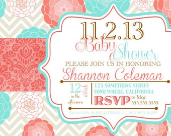 Coral and Turquoise Baby Shower Invitations