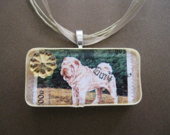 Handcrafted Vintage Russian Postage Stamp Sweet Sharpei Dog Pendant