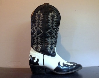Vintage Mens Two Tone Black and White Leather Cowboy Boots Boulet ...