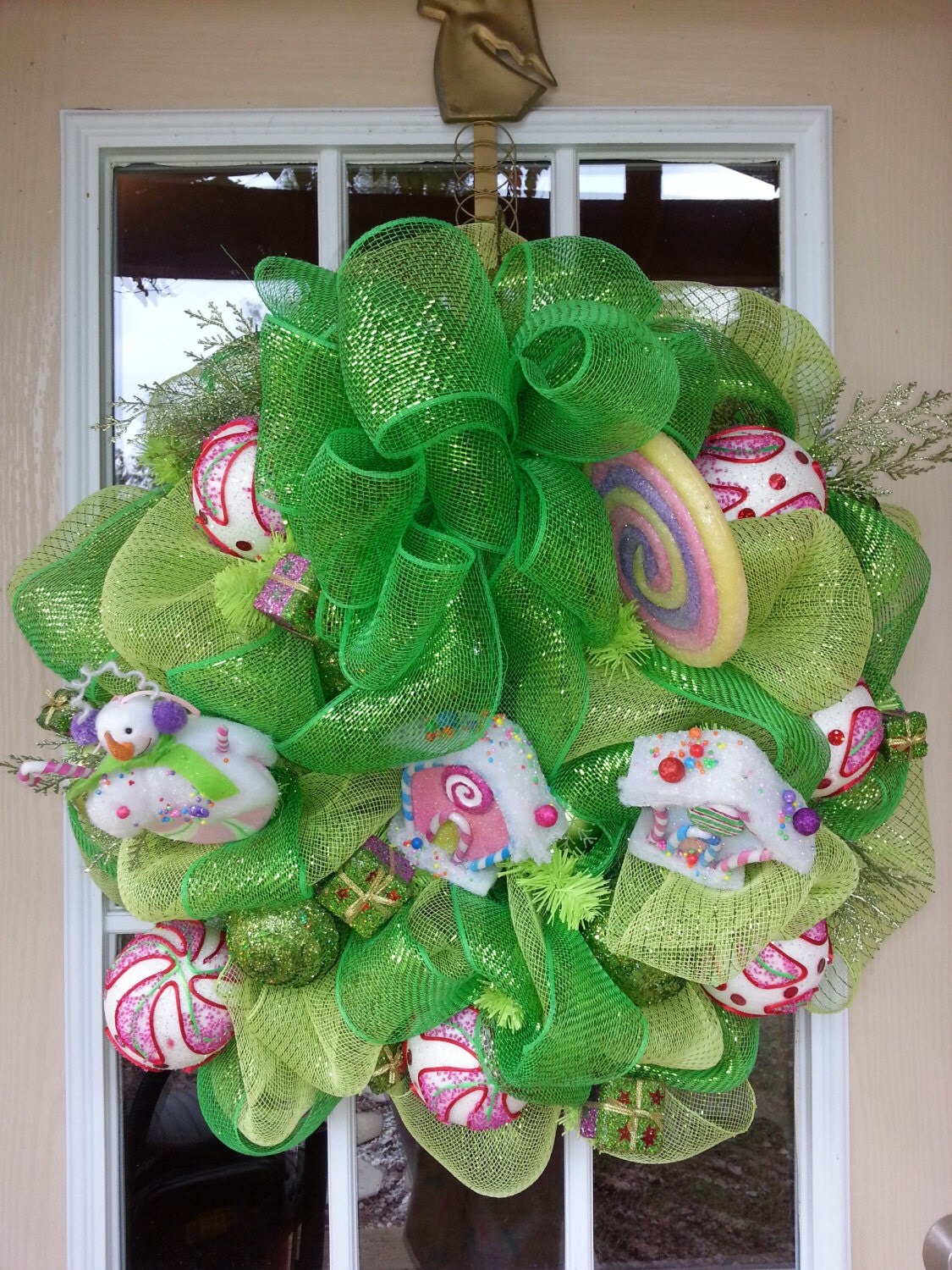 XL Lime green Christmas wreath green ribbon with sequin balls and lime green decor