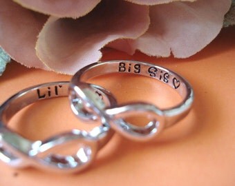 Set of 2 EA Infinity Rings...silver "Big Sis and Lil Sis with a heart" custom engraved ring , big and little sisters ring, always