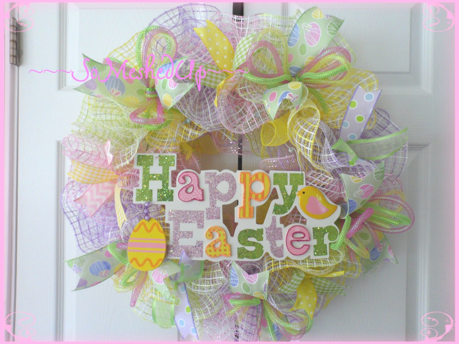 Pastel Deco Mesh Easter wreath with a Happy Easter message