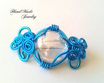 SALE ITEM : Brooch blue aluminium wire and crystal stone Wirework Brooch Unique Jewellery Brooch Mother day pin brooch jewelry gift for her