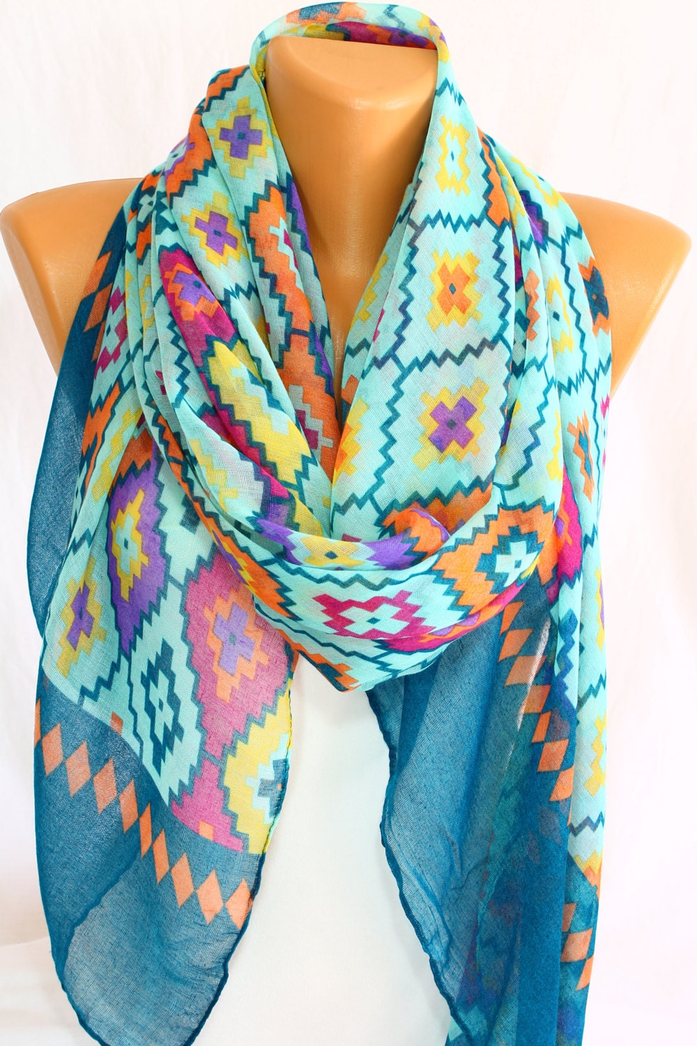 Aztec Scarf Tribal Scarf Multicolor Scarf Aqua Scarf by escherpe