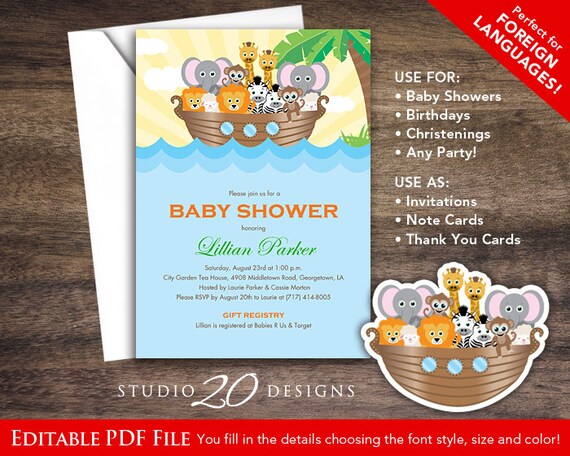 Instant Download Noah's Ark Baby Shower Invitations