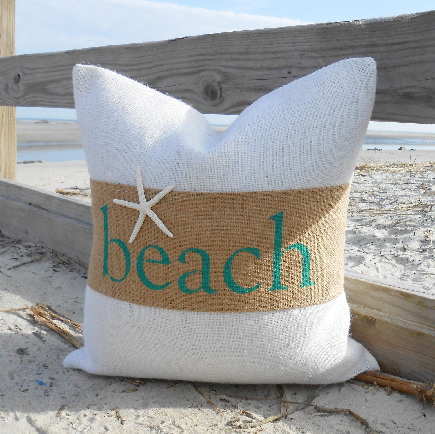 Beach or sand burlap & starfish pillow cover 18x18 natural and