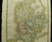 Sidney Hall Engraved Large Antique Map Denmark Plate XV 1828