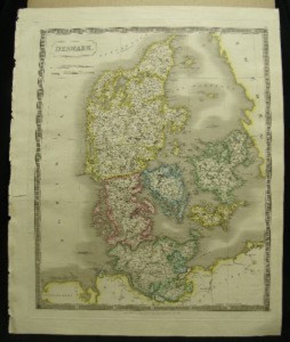 Sidney Hall Engraved Large Antique Map Denmark Plate XV 1828