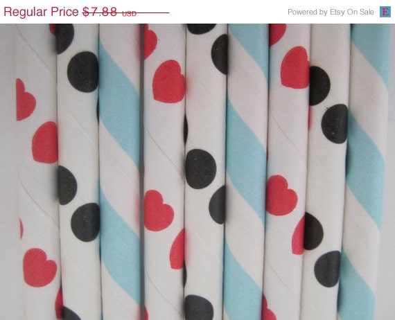 15% off - 50 Alice in Wonderland Paper Straw Mix - Red Heart, Black Dot, light Blue Stripe - ships less than 24 hours Il_570xn