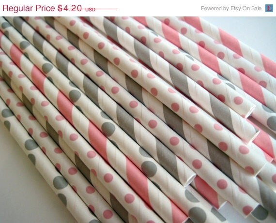 ON SALE - 25 Pink and Grey Paper Straw Mix - Stripe and Dot - ships less than 24 hours Il_570xn