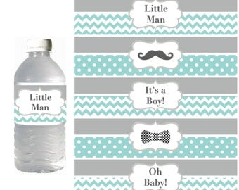Little Man Water Bottle Labels Prinable Mustache Baby Shower Decorations INSTANT DOWNLOAD Party Favors Bottle Labels Light Teal Grey 033