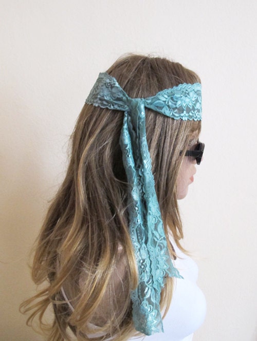Mint green Lace Headband Stretchy Lace Hair Bands by selenayy