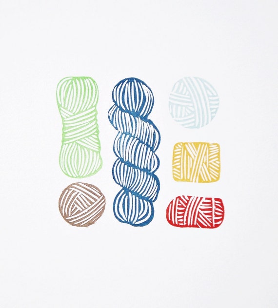 Yarn Skeins / Block Print Art / Original / 5x7 / Other Colors