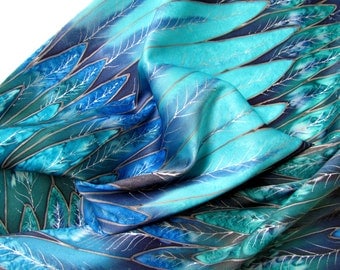 Hand painted Silk scarf.Scarf in Blue, turquoise, blue, green colors. Size 16/68. 100% silk.