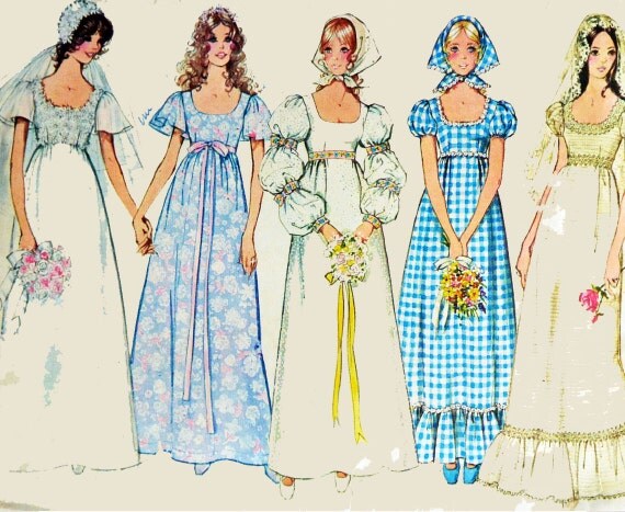 70s Wedding Dress Pattern Vintage Empire Waist Puff Sleeve