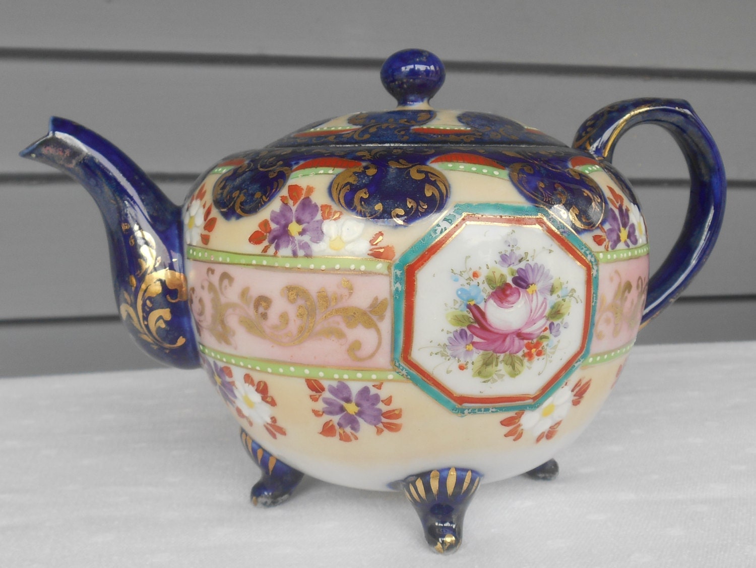 SALE Antique Flow Blue Teapot Spectacular Old Porcelain