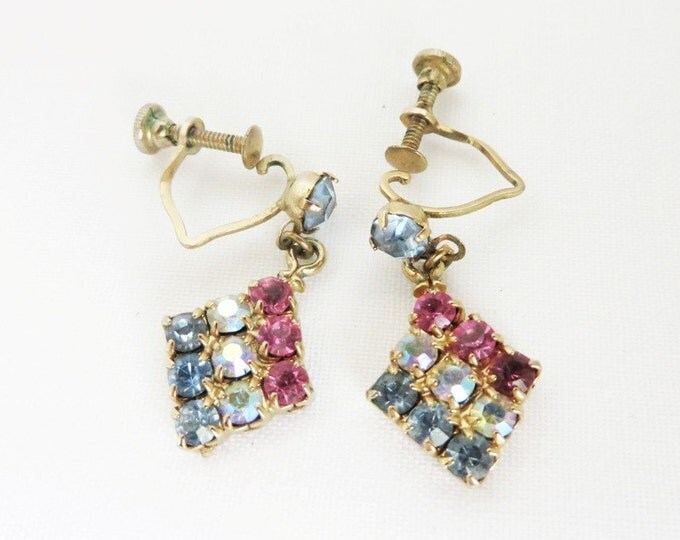 Rhinestone Dangle Earrings, Vintage Red White Blue Screwback Earrings, Diamond Dangles